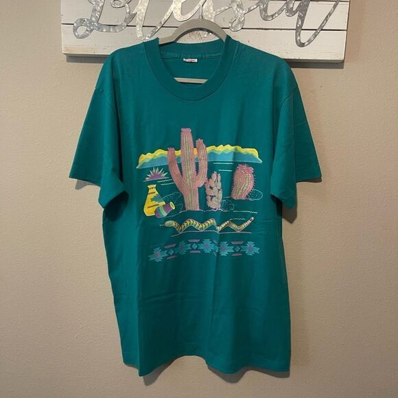 Senara 90 - Women’s vintage turquoise / neon cactus print tee - Picture 1 of 7
